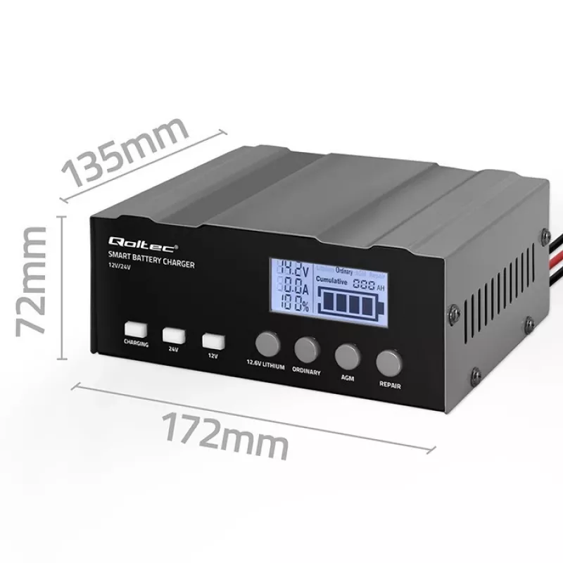 Baterijų įkroviklis QOLTEC 52491 mikroprocesorinis 12V/12.6V/24V su LCD
