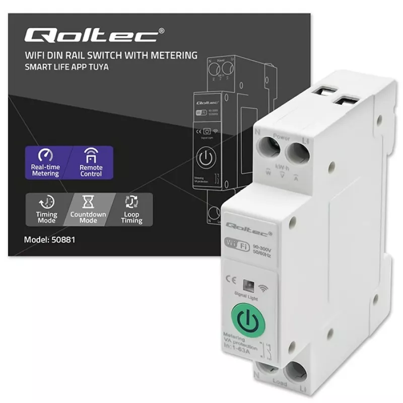 DIN bėgelio WiFi relė QOLTEC 50881 — tinklo perjungimo relė 63A elektros instaliacijoms