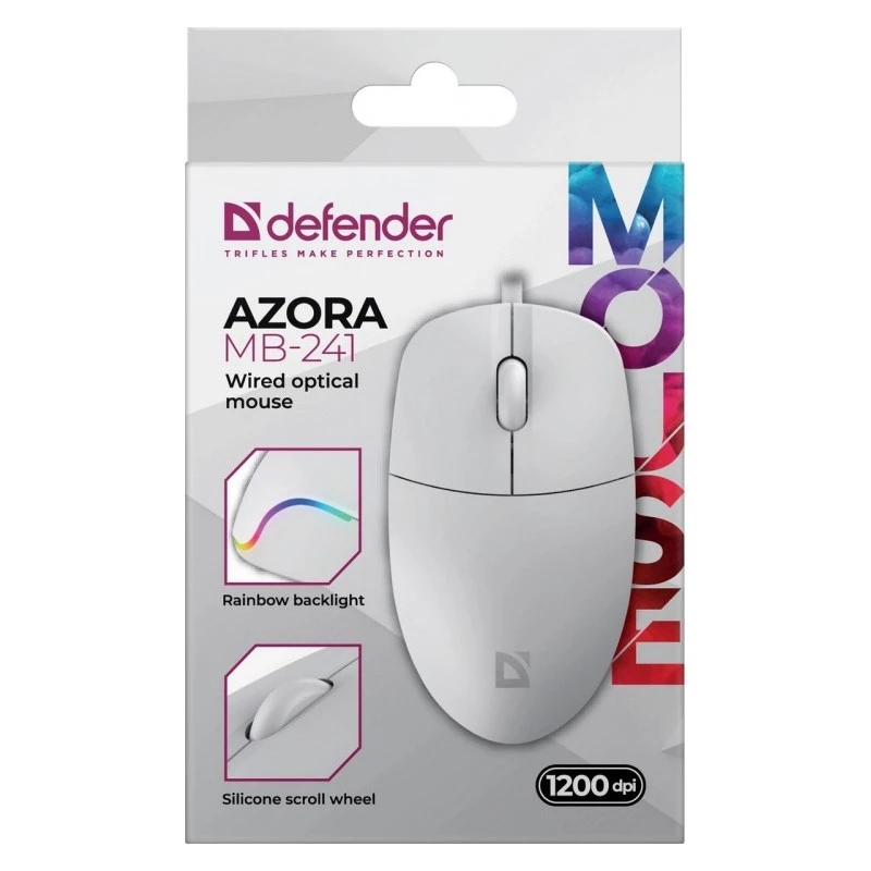 Laidinis pelelis DEFENDER AZORA MB-24 — abiem rankoms tinkama USB optinė, 1200 DPI, 3 raiškos režimai, balta, 109×86×34 mm