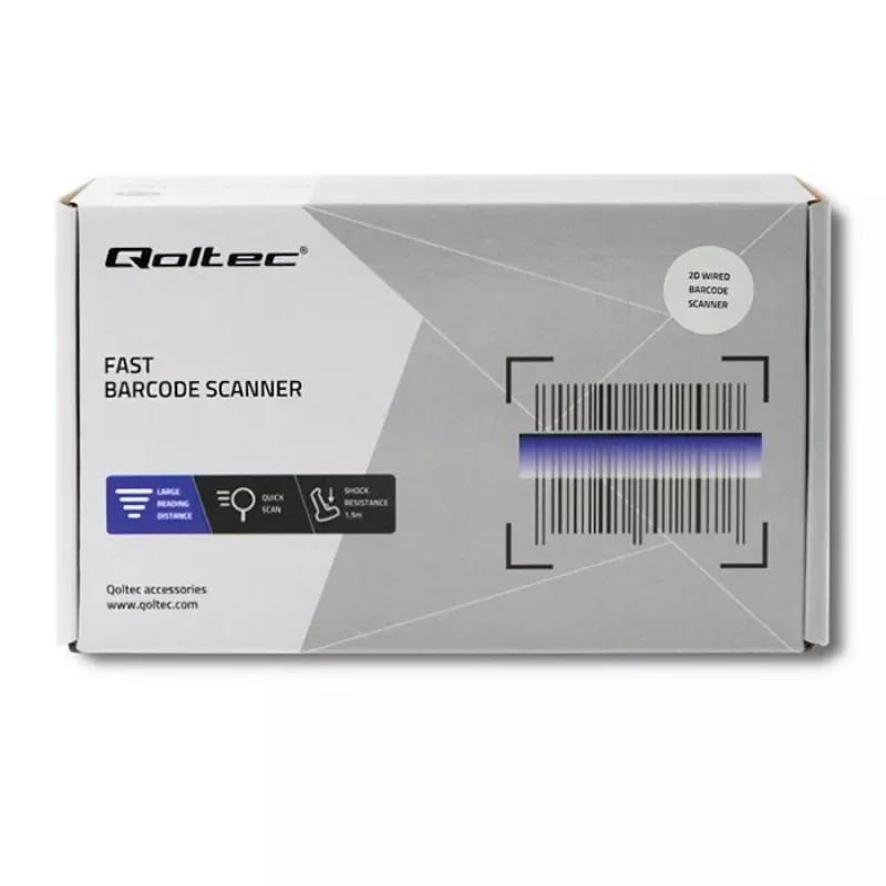 Rankinis brūkšninių kodų skaitytuvas QOLTEC 50863 — 1D/2D skaitytuvas, USB laidinis, LED jutiklis, juodas, 5 V, 1,8 m laidas
