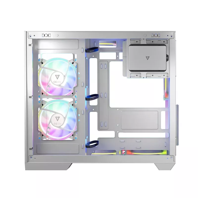 PC korpusas MODECOM Volcano Panorama Midi Tower baltas — micro ATX, grūdintas stiklas, ARGB, USB-C, palaiko GPU iki 400 mm