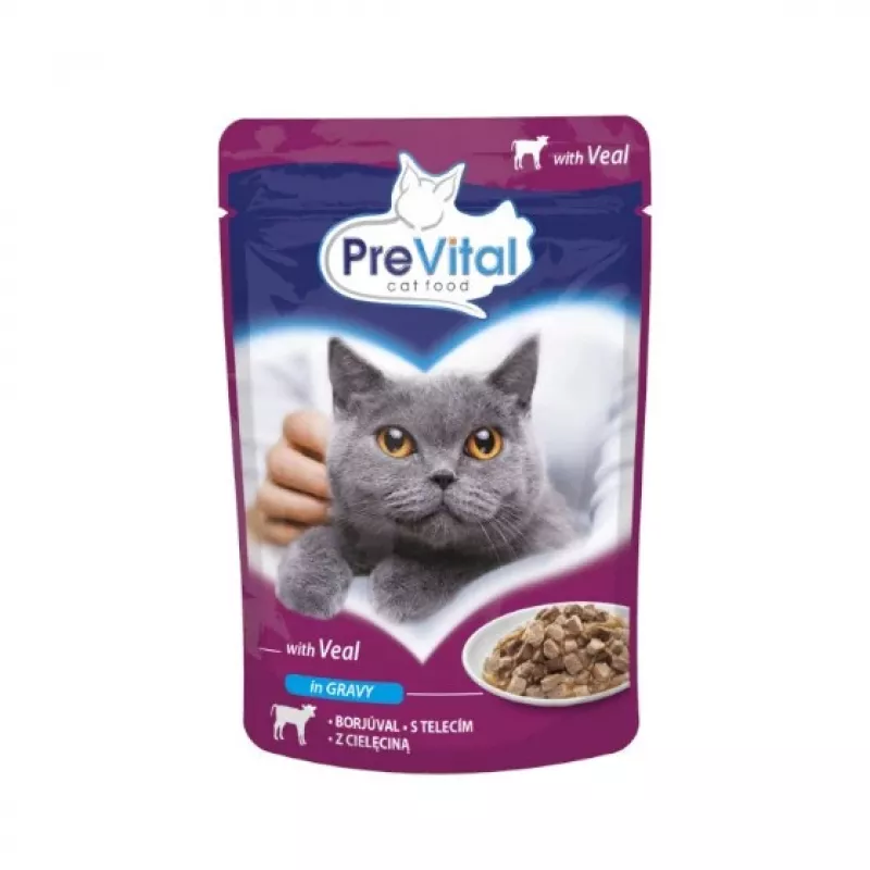 Šlapias kačių ėdalas PREVITAL Cat Food Mix 4 Flavors — vištiena, veršiena, lašiša, paukštiena, 96 x 100 g maišeliai (9,6 kg, suaugusioms katėms)