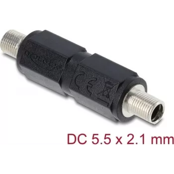 Adapter DELOCK nuolatinės srovės lizdas 5,5 x 2,1 mm, jungtis moteriška-materiška su sriegiu, tiesus, juodas