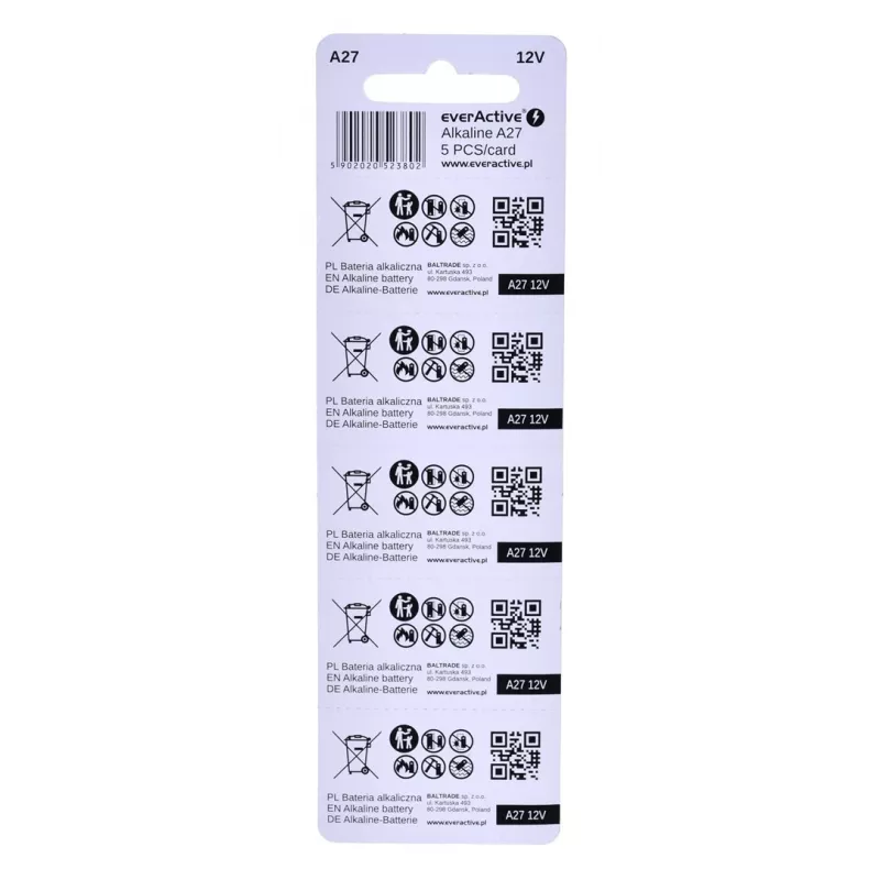 Įkraunamų baterijų rinkinys everActive 27A5BL, šarminės 12 V, cilindrinės, 5 vnt., 27,3 × 7,62 mm
