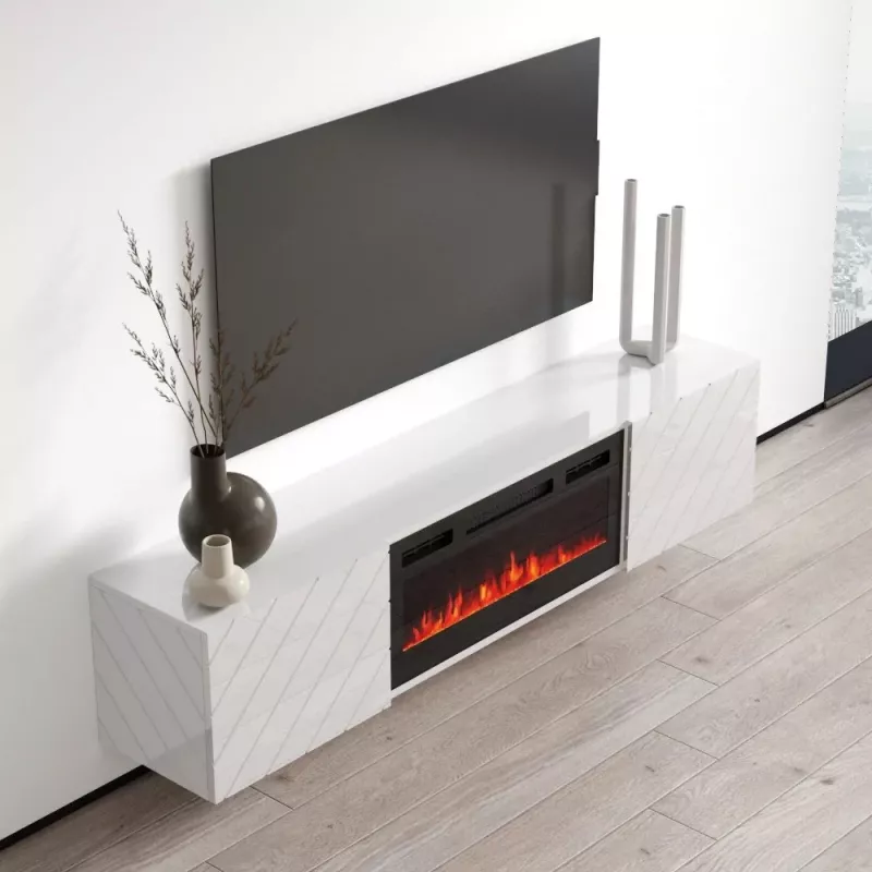 TV spintelė cama meble LUXE 1826×345×375 mm balta blizgi su įmontuotu juodu elektriniu židiniu (1400–1600 W)