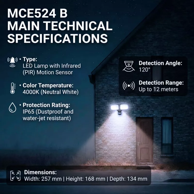 LED sieninis šviestuvas MACLEAN MCE524 su PIR judesio jutikliu, modelis MCE524 B