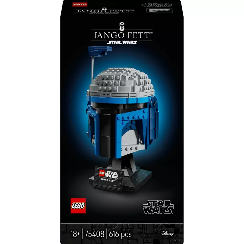 Kolekcinis LEGO Star Wars šalmo aksesuaras Jango Fett 75408 — 616 dalių, 210×120×110 mm demonstracinis modelis