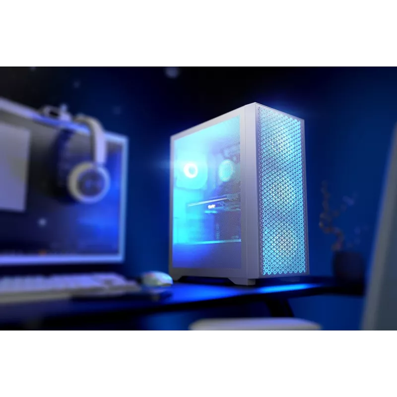 Kompiuterio korpusas LOGIC Dart Pro Midi ARGB baltas — Midi Tower, ATX, 456×200×385 mm, maks. GPU 34 cm, CPU aušintuvo aukštis 155 mm, 3x120mm priekyje + 1x120mm gale, USB 3.0 x2, USB-C x1