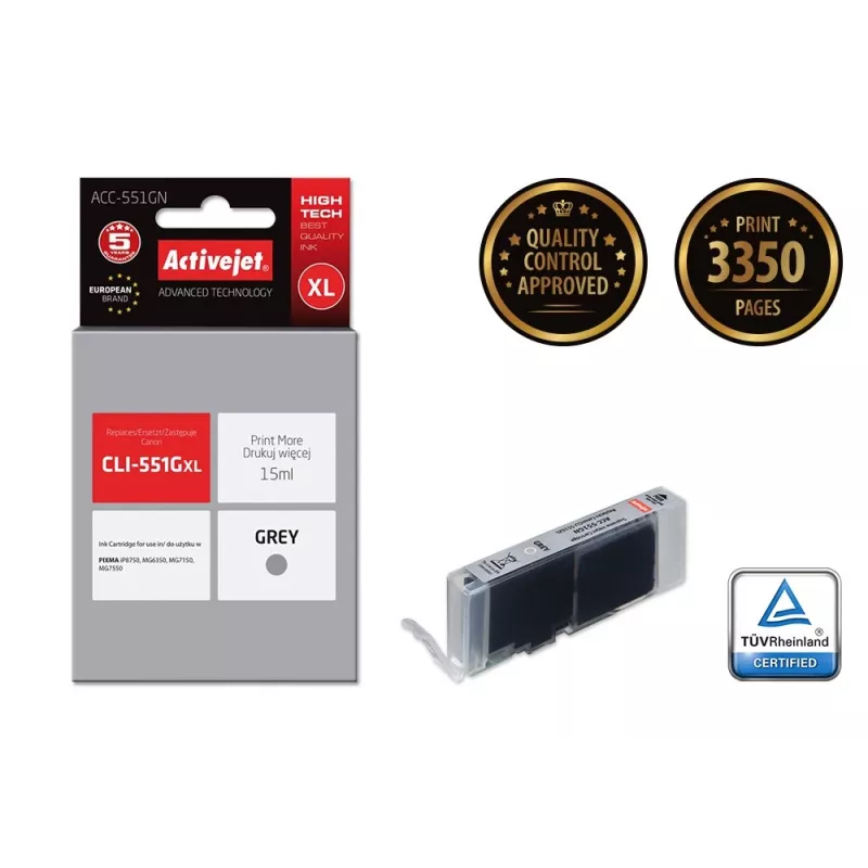 Rašalo kasetė ActiveJet ACC-551GN — suderinama Canon CLI-551GXL, Pilka, Didelės talpos (XL) 15 ml