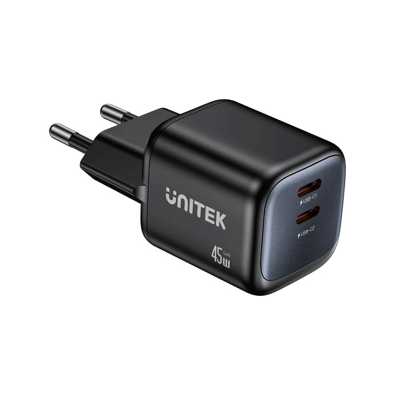 Unitek sieninis įkroviklis 2x GaN 45W — 2× USB‑C PD 3.0 ir QC greitasis įkrovimas