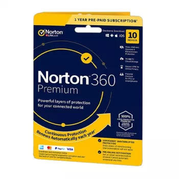 Norton 360 Premium | 10 Devices | 1 Year | 75 Gb Cloud Storage | EU | NON SUB |