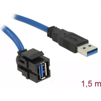 DeLOCK Keystone modulis USB 5 Gbps A tipo lizdas 250° į A tipo kištuką su 1,5 m kabeliu, juodas