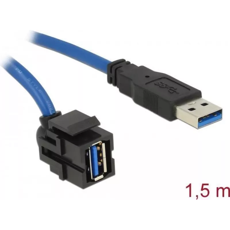 DeLOCK Keystone modulis USB 5 Gbps A tipo lizdas 250° į A tipo kištuką su 1,5 m kabeliu, juodas