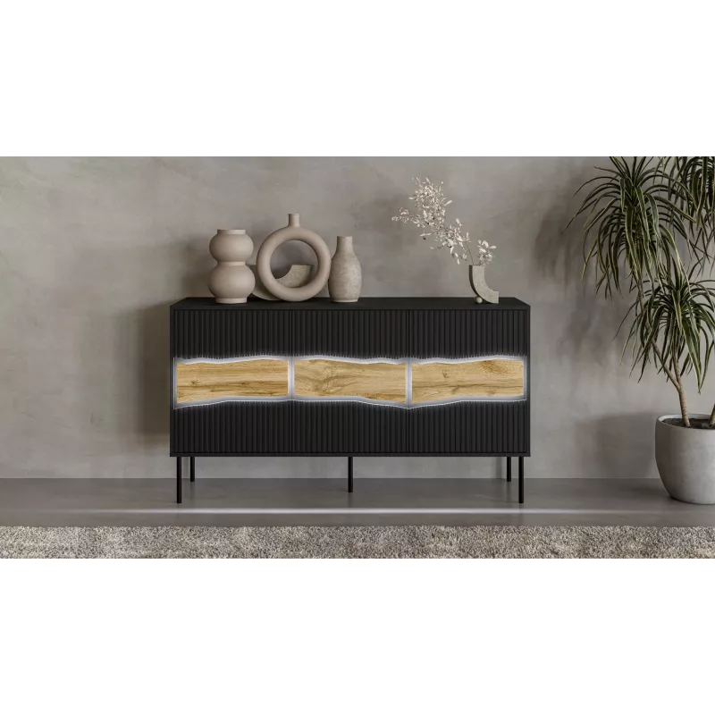 Komoda cama meble INSERTO 3D 143.5×40×80 cm juoda su LED, medžio drožlių plokštė, 16 mm rėmas