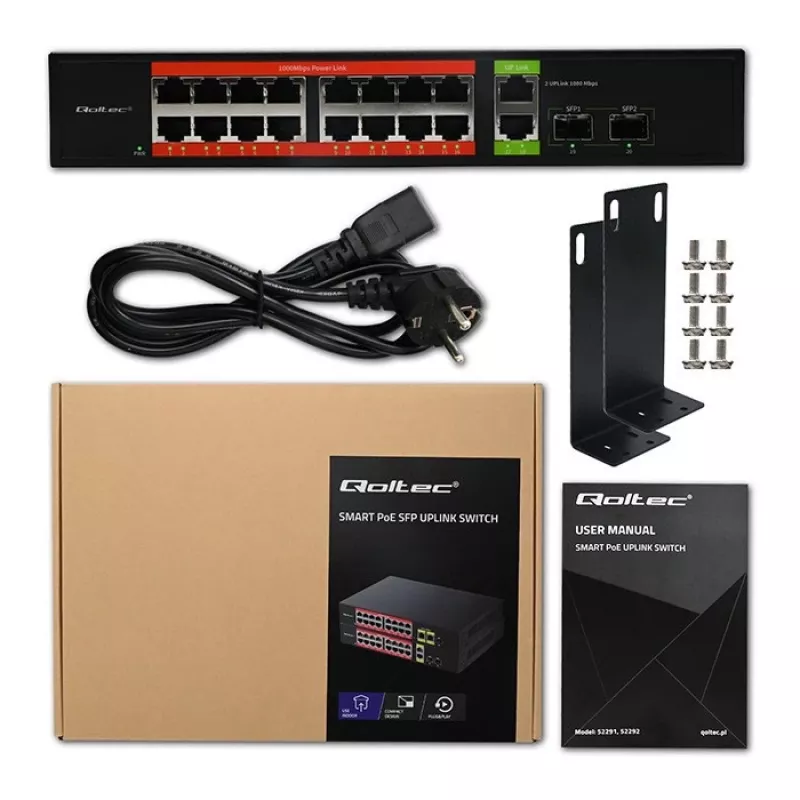 Tinklo komutatorius QOLTEC 52292 — Gigabit Ethernet PoE, 16x RJ45, 2x RJ45 įkeliamoji jungtis, 2x SFP