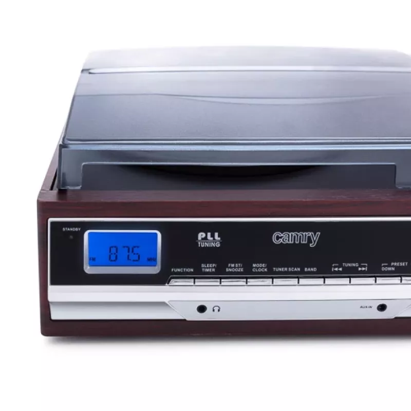 Garso patefonas Camry CR 1168 — juodas su medžio apdaila, 33/45 RPM, įmontuoti garsiakalbiai, RCA išvestis