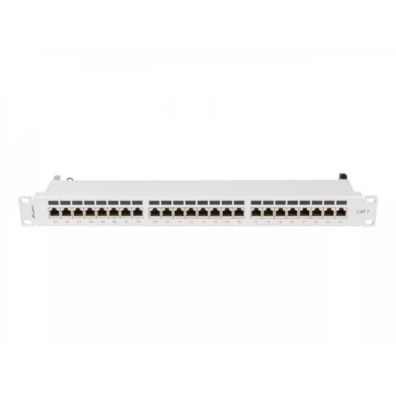 Patch panel 1U LANBERG PPS7-1024-S — 24 prievadų, Cat7, F/UTP, metalinis, 1U (445×102×44,5 mm)