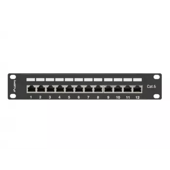 Pertaisymo skydelis LANBERG PPF6-9012-B — 12 prievadų RJ45, metalinis, juodas, 1U (215×44,5×130 mm)