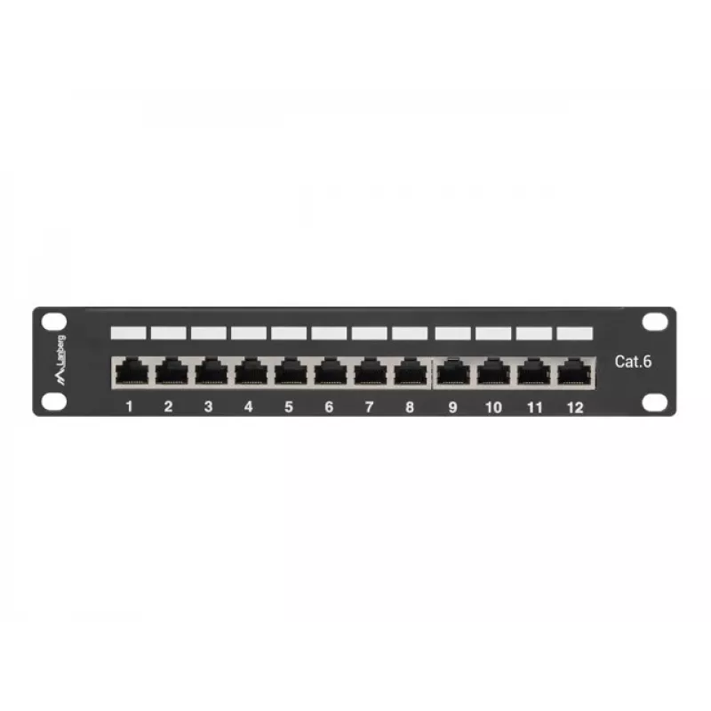 Pertaisymo skydelis LANBERG PPF6-9012-B — 12 prievadų RJ45, metalinis, juodas, 1U (215×44,5×130 mm)