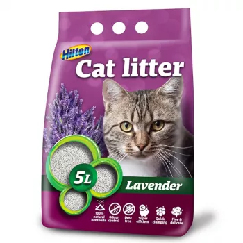 Sulipantis bentonitinis kačių kraikas Hilton Lavender 5 L — bentonitas, kvepiantis levandomis, greitai sugeriantis