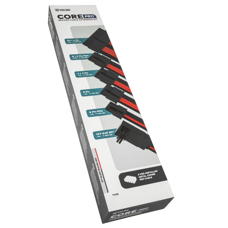 Kabelių / adapterių rinkinys Kolink Core Pro pinto kabelio prailginimo rinkinys 12V-2x6 Tipas 1 Jet Juoda/Racing