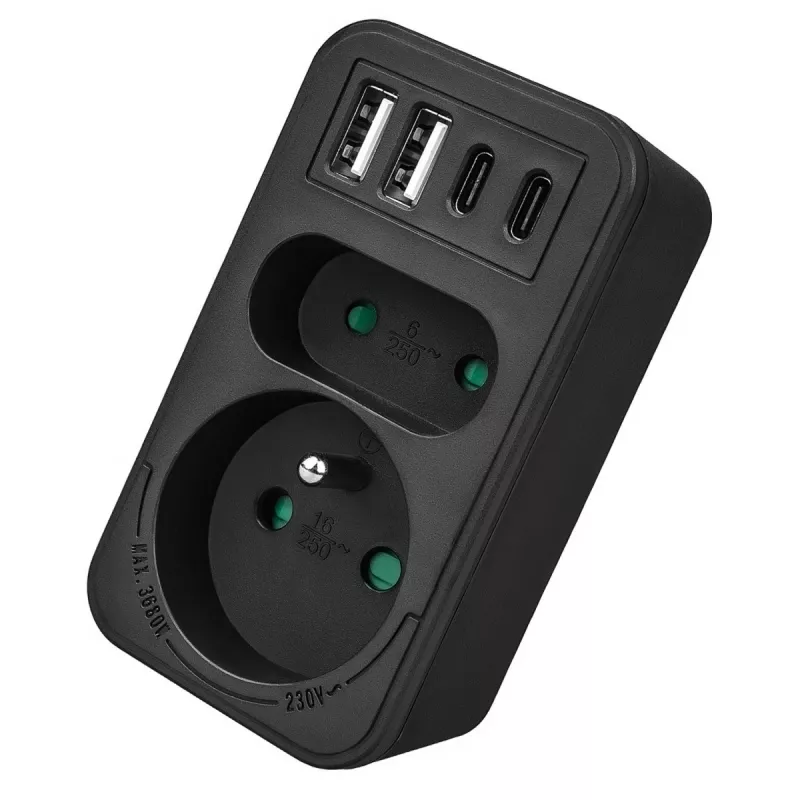 Maitinimo skirstytuvas MACLEAN MCE249 F/B — 2 kintamosios srovės lizdai (16A + 6A) su 2×USB-A ir 2×USB-C PD 20W, EU kištukas, juodas