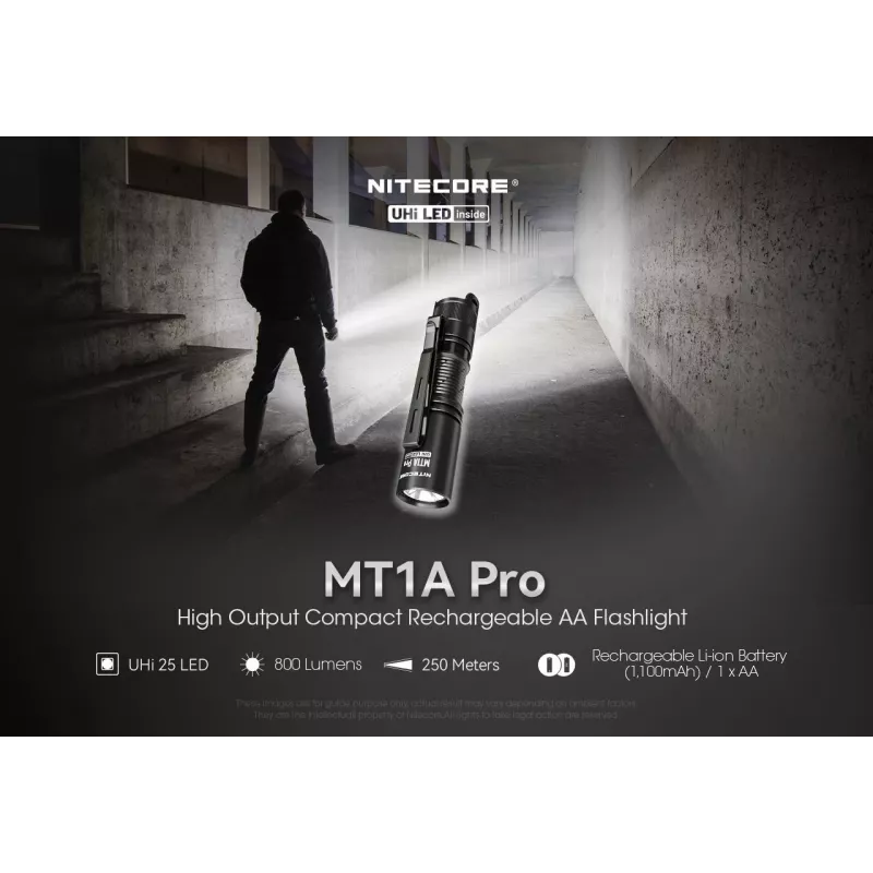 Rankinis žibintuvėlis Nitecore MT1A Pro — LED 50 lm, USB įkraunamas, 1100 mAh, aliuminis, atsparus vandeniui, atsparus smūgiams, juodas
