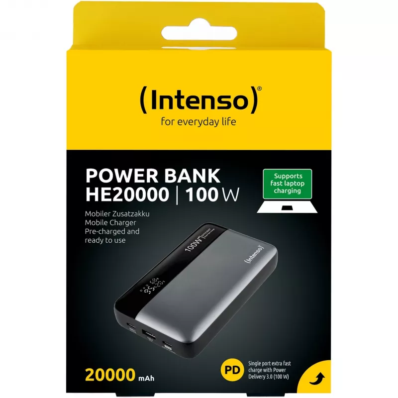 Išorinė baterija INTENSO 7350050 — 20000 mAh, 1× USB-A + 2× USB-C, 100 W bendra išvestis, juoda/pilka