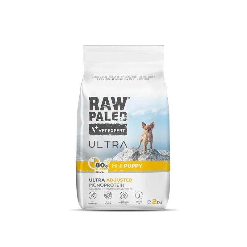 Sausas šunų ėdalas VETEXPERT RAW PALEO Ultra Mini Puppy Turkey 2 kg — sausas trupininis ėdalas, monoproteinas, 30 % baltymų, 14 % riebalų, mažų veislių šuniukams, sveriantiems 2–4,9 kg