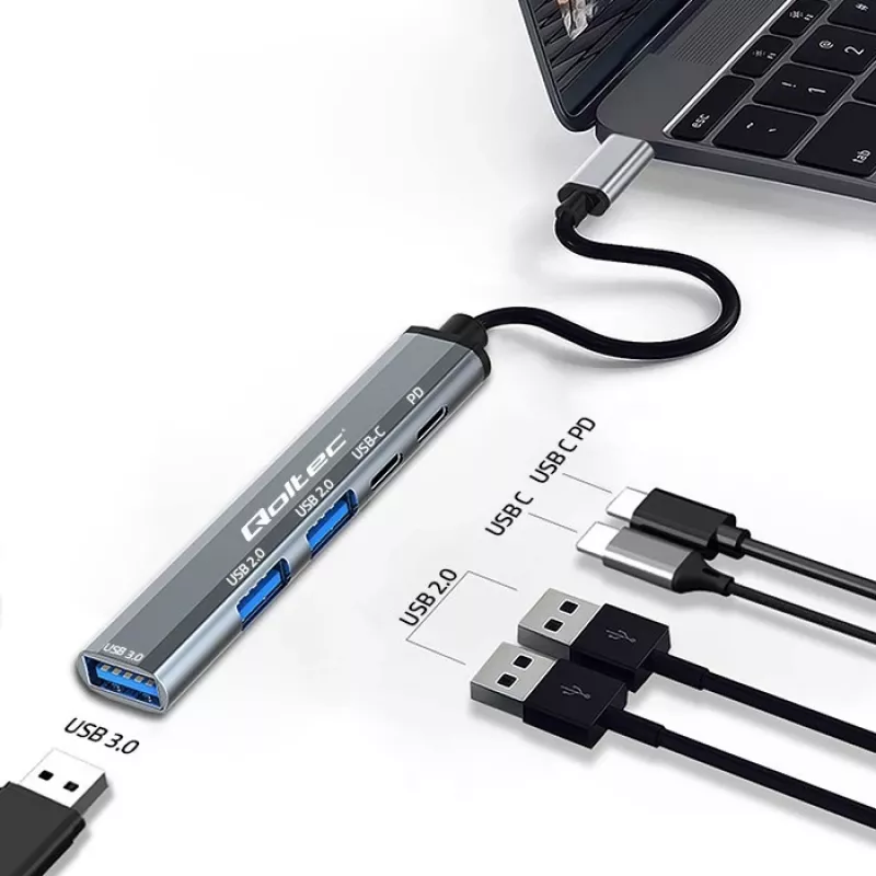 Qoltec 53790 Hub Adapter USB-C 3.1 5in1 | USB-C PD| USB-C | 2x USB 2.0 | USB 3.0