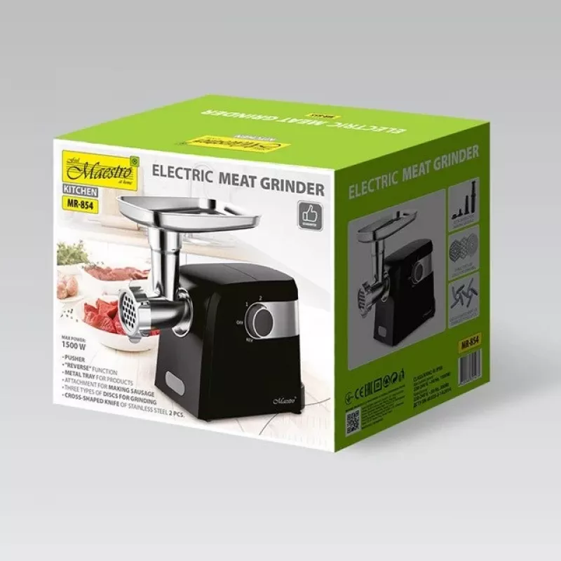 Elektrinė mėsmalė Maestro MR-854, 1500 W, 2 greičiai, 3 sieteliai, dešrų antgalis, juoda