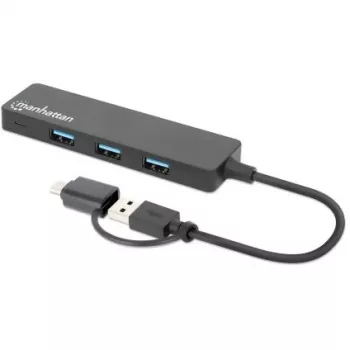 Manhattan USB-C & USB-A Combo Dock/Hub, prievadai (4): USB-A (x4), 5 Gbps (USB 3.2 Gen1, dar žinomas kaip USB 3.0), maitinamas per USB (nereikia išorinio maitinimo šaltinio)