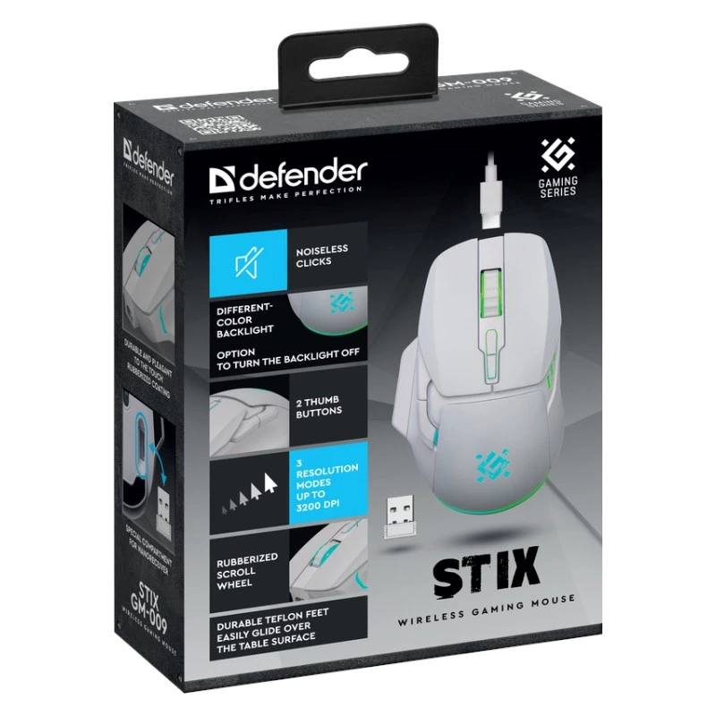 Belaidė pelė DEFENDER Stix GM-009 RF — optinė 3200 DPI, 6 mygtukai, abiem rankoms tinkama, USB RF, maitinama baterijomis, balta
