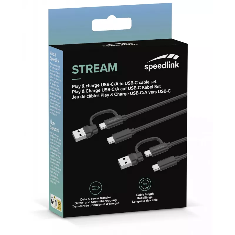 USB 3.2 Gen 1 (3.1 Gen 1) laidas Speedlink SL-460101-BK, 3 m, USB A/USB C į USB C, juodas