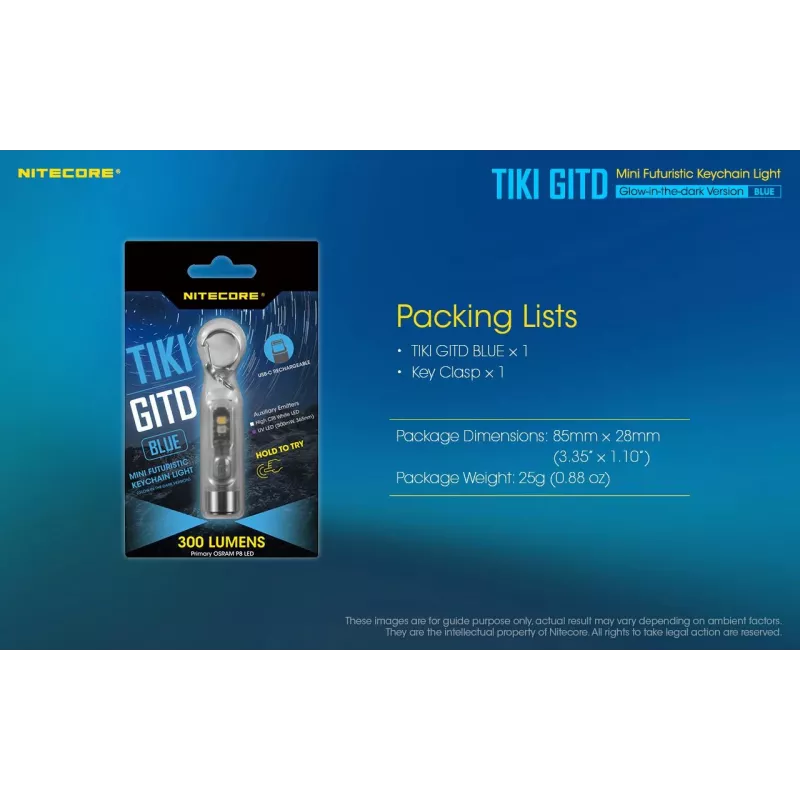 Raktų pakabuko žibintuvėlis Nitecore TIKI GITD BLUE — pilkas, USB įkraunamas, 1 lm, 55 mm, 12 g, IP66, atsparus smūgiams