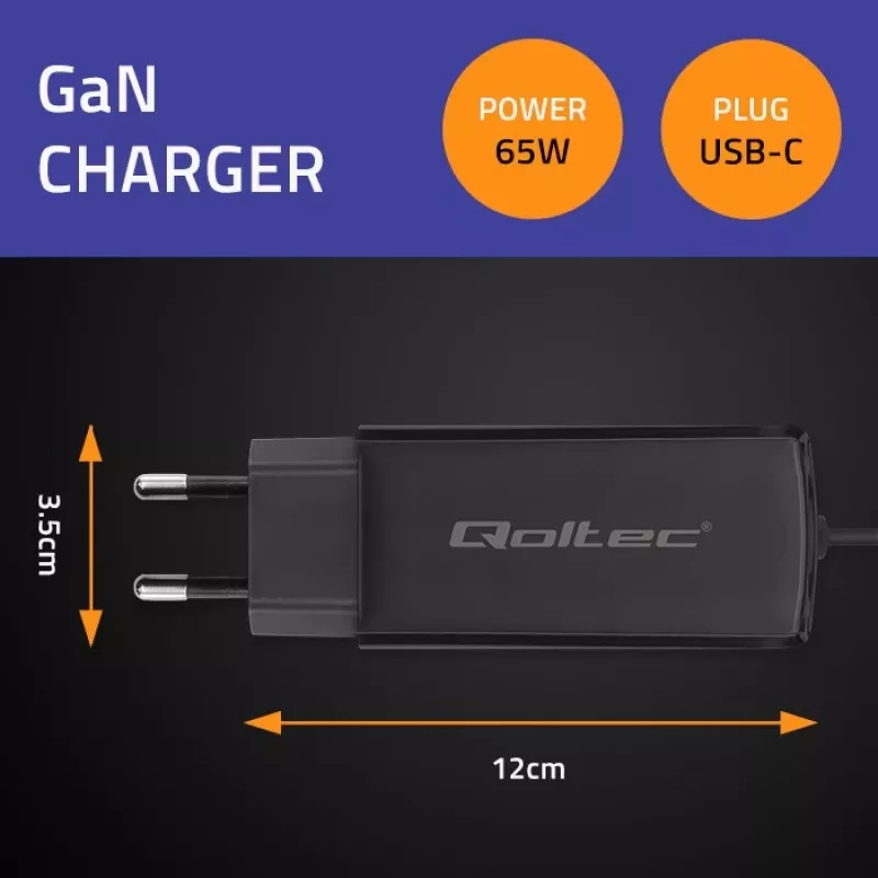GaN nešiojamojo kompiuterio įkroviklis QOLTEC 52419 65 W USB-C PD 5V/20V 3A/3,25A, 220–240 V, 1,8 m laidas, juodas