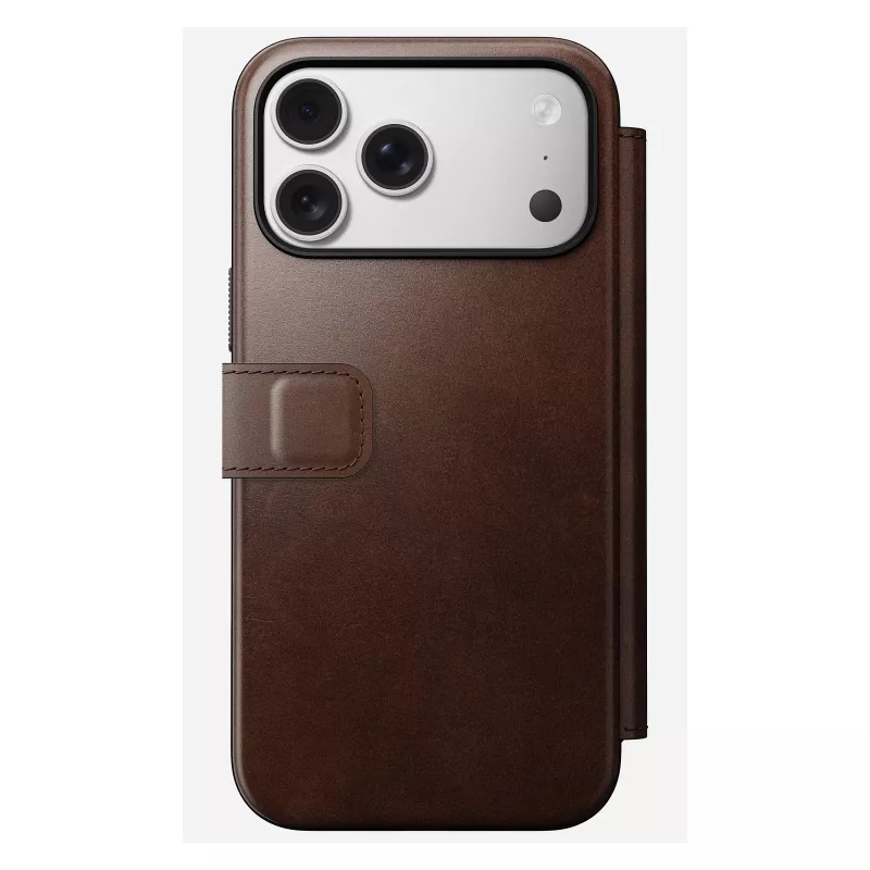 Nomad Modern Leather Folio mobiliojo telefono dėklas iPhone 17 Pro Max — ruda, oda, 6,3 colio ekranas, 4 kortelių kišenės
