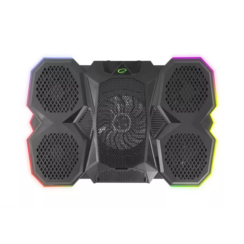 Nešiojamojo kompiuterio aušinimo padėklas ESPERANZA EGC107 — 3 ventiliatoriai 1200–2600 RPM, 390×255×38 mm, USB PD, RGB, 5 aukščio pozicijos, juodas
