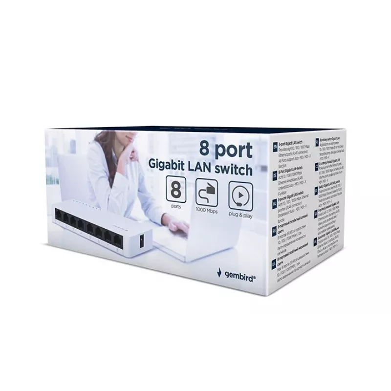 Nevaldomas komutatorius GEMBIRD NSW-G8-01 — 8× Gigabit Ethernet (10/100/1000), baltas, DC 5V