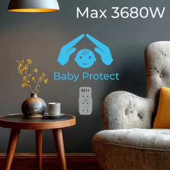 Maitinimo skirstytuvas MACLEAN MCE248 F/W — 3 kintamosios srovės lizdai (1×16A, 2×6A) + 4×USB (2×A, 2×C PD 20W), EU kištukas, baltas