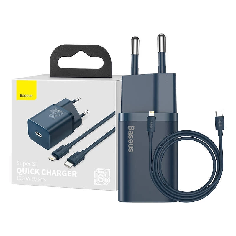 Baseus Super Si maitinimo adapteris su USB-C į Lightning laidu 20W Mėlynas