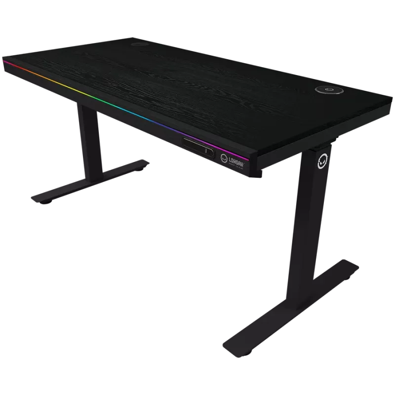 Dviejų variklių reguliuojamo aukščio žaidimų stalas su belaidžiu įkrovikliu, RGB apšvietimu, valdymo skydeliu ir USB prievadais, PB melamino paviršiaus stalviršis, juodas.