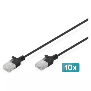 komutacinis kabelis DIGITUS CAT6 U-UTP plonas 1,5 m, juodas — 10 vnt. pakuotė