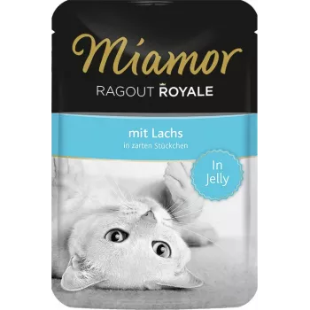 Šlapias kačių maistas Miamor Ragout Royale želė su lašiša 100 g — suaugusioms katėms, 82 kcal/100 g, baltymai 8%, riebalai 5%, drėgmė 82%