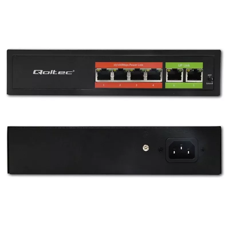 Ethernet PoE Switch QOLTEC 52289 — 4x RJ45 PoE prievadai, 2x RJ45 aukštynkryptis prievadas, 65W galios biudžetas