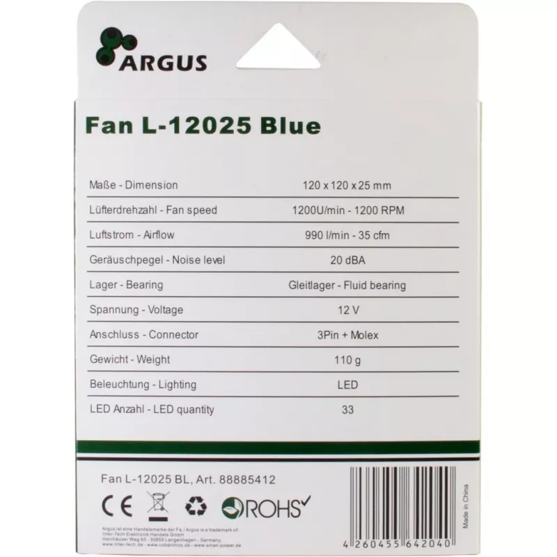 INTER-TECH Argus L-12025 120 mm mėlynos LED korpuso ventiliatorius