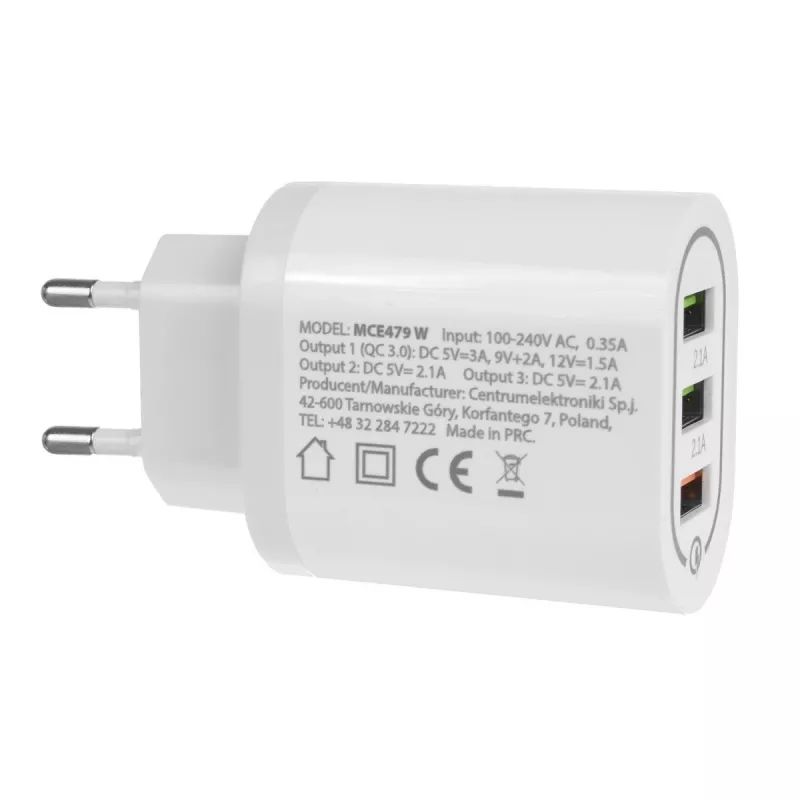 Sieninis įkroviklis MACLEAN MCE479W — 3 prievadų USB greitasis įkroviklis, 18W bendra galia