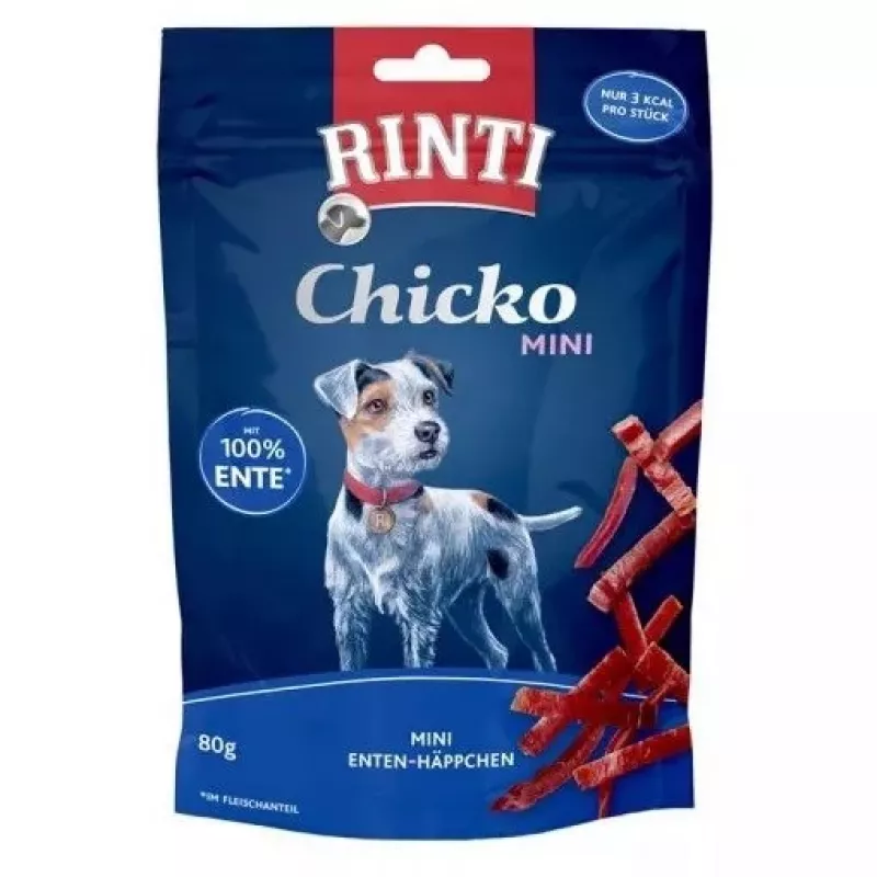 Šunų dresavimo skanėstai RINTI Chicko Mini Duck 80 g — be grūdų, su anties skoniu, 55 % baltymų, maišelis