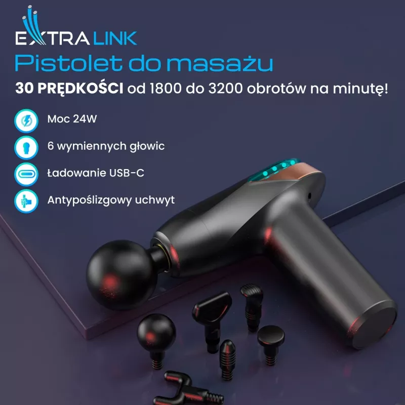 Masažo pistoletas Extralink MSG-02-LITE 3200 RPM 6 antgaliai
