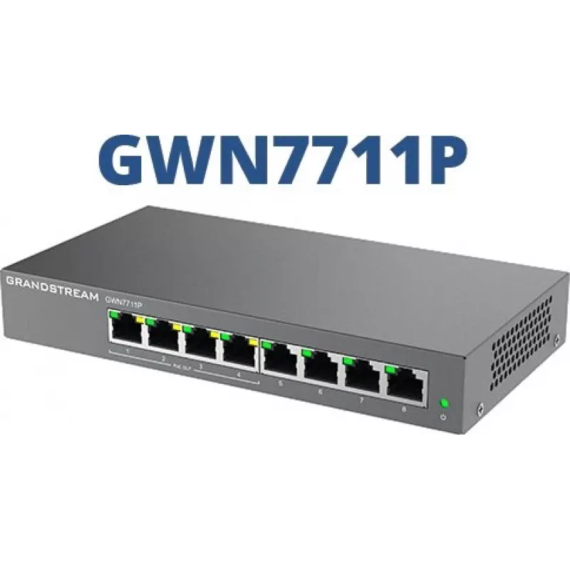 Valdomas L2 Gigabit PoE tinklo komutatorius Grandstream GWN7711P — 8x RJ-45 10/100/1000, 48V DC, Stalinis / Montuojamas ant sienos